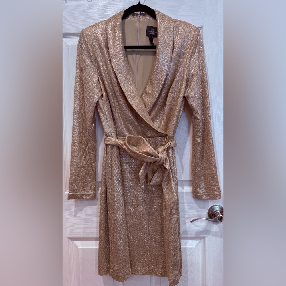 Adrianna Papell Shimmering Gold Wrap Dress